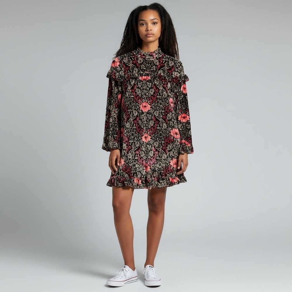 ALI & JAY Falling Hard Black/Pink Floral Long Sleeve Velvet Mini Shift Dress SzS
